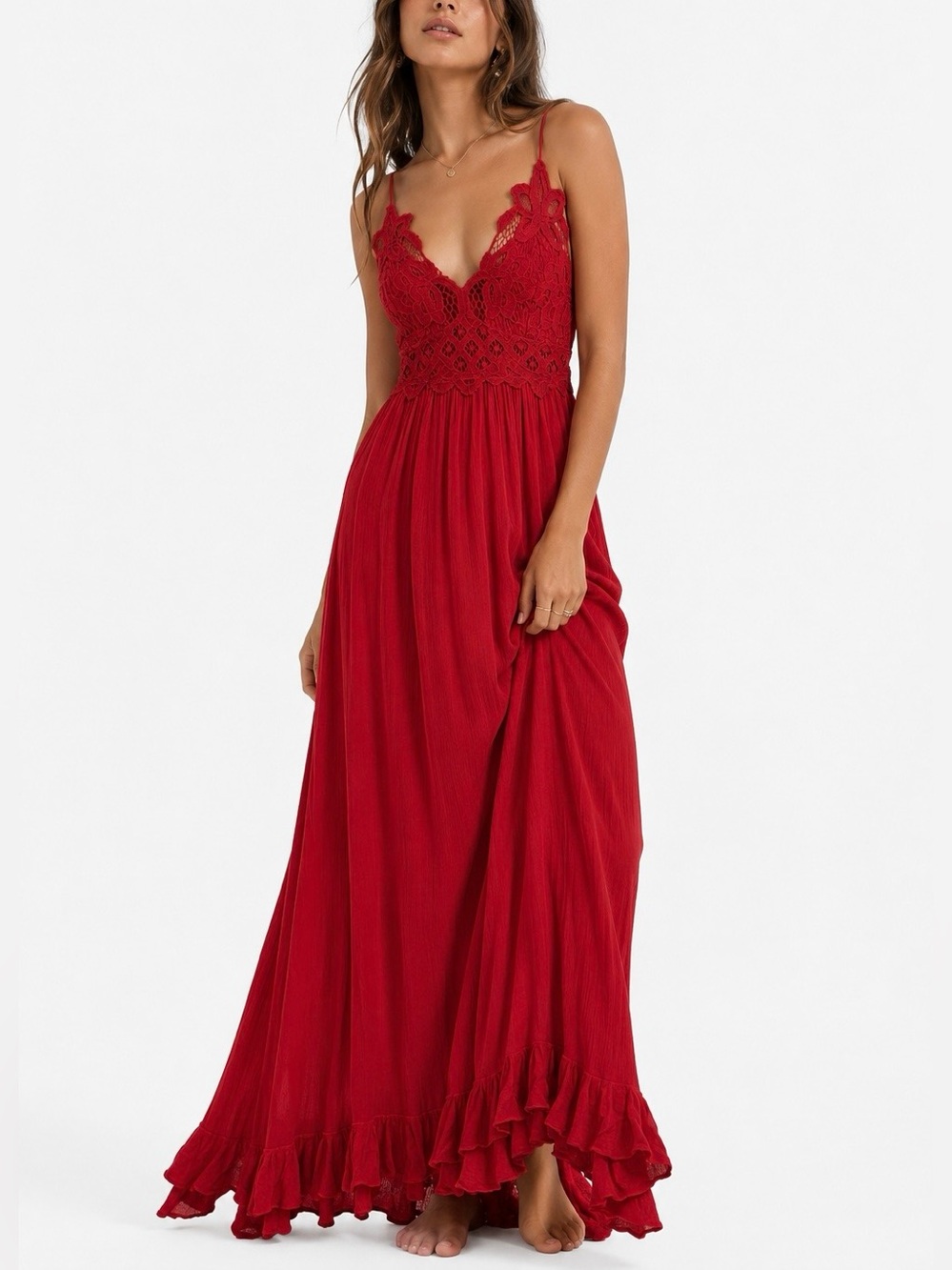 Free People FP One Adella Maxi Slip Dress Red Size S Ruffle Lace Floral Romantic - Picture 1 of 10